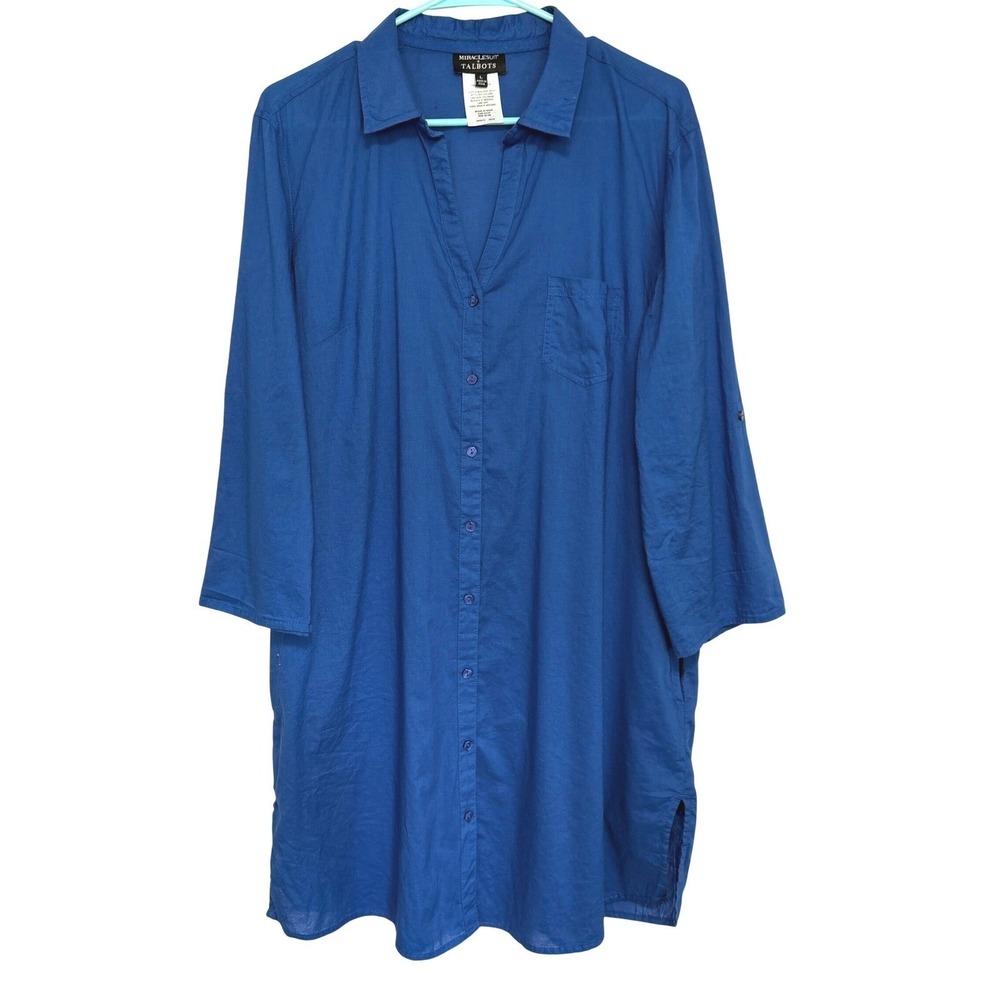 Miraclesuit Talbots Dress Beach Cover Womens L Blue Button Front Roll Tab Cotton